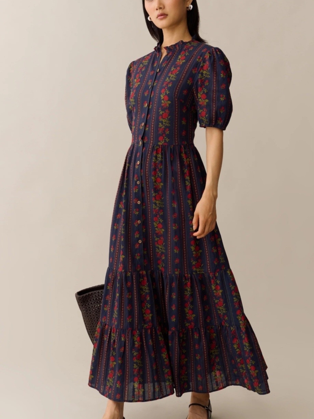 Few Moda Navy Cotton Floral Stripe Puff-Sleeve Maxi Dress